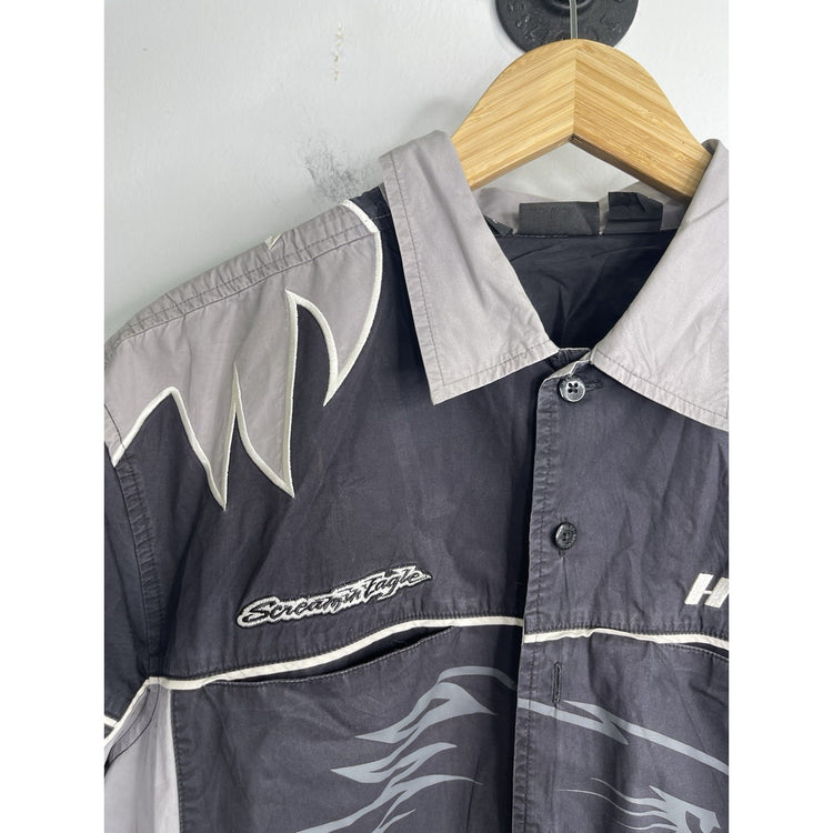 Men’s Harley Davidson Racing Black & Gray Eagle Parts Embroid Button Up Sz L
