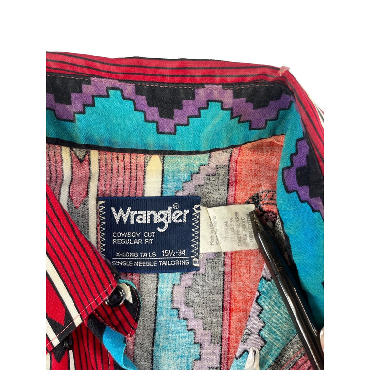 Men Vintage Wrangler Cowboy Cut Bright Southwestern Stripe Shirt Size 15.5-34
