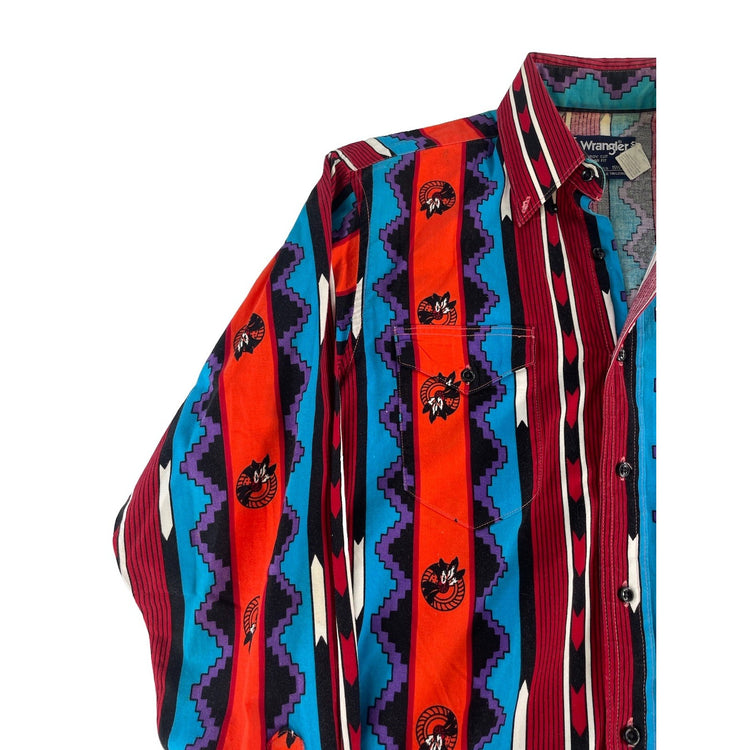 Men Vintage Wrangler Cowboy Cut Bright Southwestern Stripe Shirt Size 15.5-34