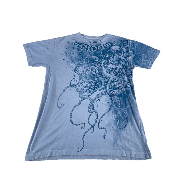 Mens | Affliction Live Fast | Aqua Blue Skull-Octopus Graphic Tee | Size L