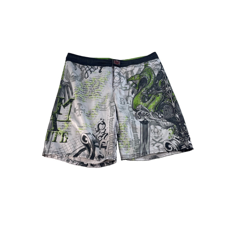 Men's MMA Elite White Green Snake & Skull Graphic Board Shorts Size XL