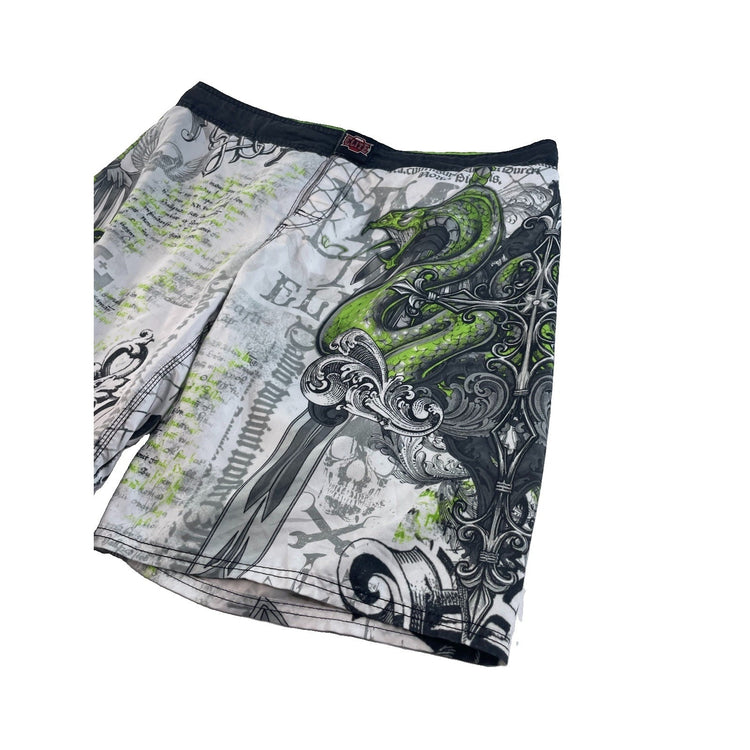 Men's MMA Elite White Green Snake & Skull Graphic Board Shorts Size XL
