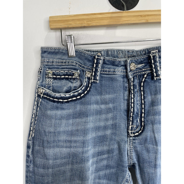Women’s Y2K Blue Miss Me Jeans Boyfriend Capri Rhinestone Pockets 30x25