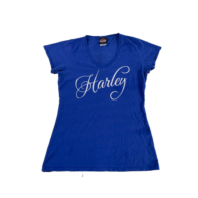 Womens 2012 Harley Davidson Blue V Neck T Shirt Size Medium