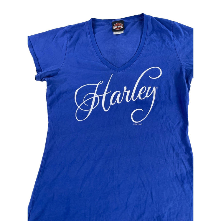 Womens 2012 Harley Davidson Blue V Neck T Shirt Size Medium