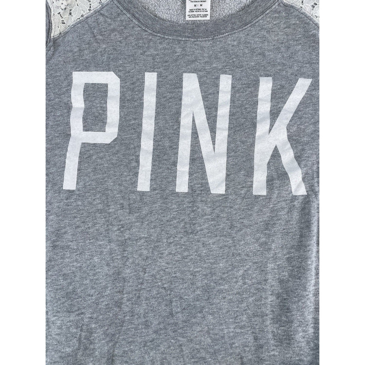 Womens PINK Victoria Secret Gray Sweatshirt W/ White Floral Sholder Panel Size M