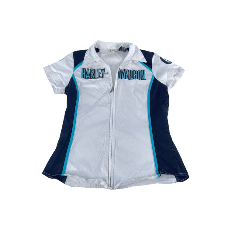 Womens Harley Davidson Black & White Racing Zip Up Top Size Medium