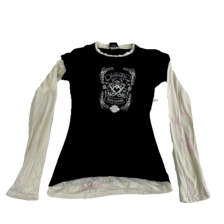 Womens Y2k Harley Davidson Black & White Layered Longsleeve Graphic Shirt Size S