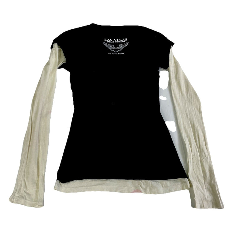 Womens Y2k Harley Davidson Black & White Layered Longsleeve Graphic Shirt Size S