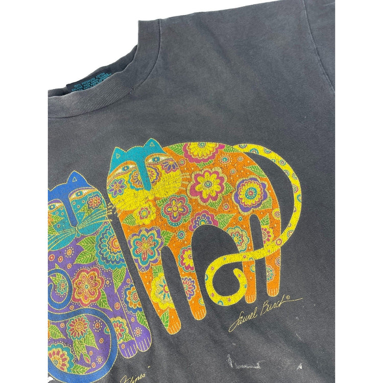 Mens Laurel Burch "Feline Friends" Floral Cat Graphic Gray T-Shirt Size L