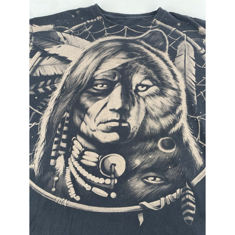Mens Native American Chief and Wolf Dreamcatcher Graphic T-Shirt Black Size Xl