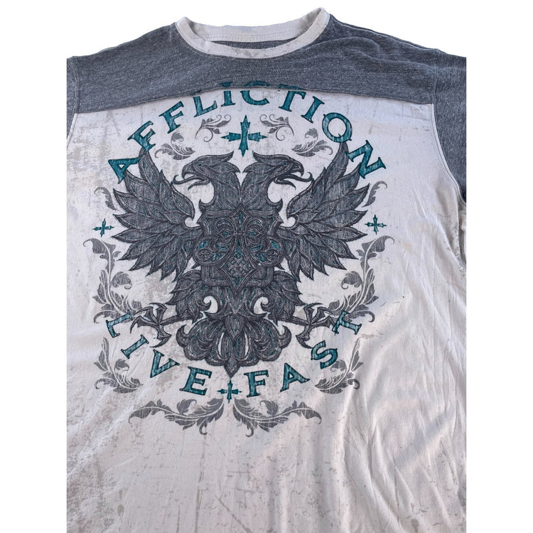 Mens Vintage Affliction Live Fast Gray White Eagle Grunge MMA T-Shirt SIZE XXL