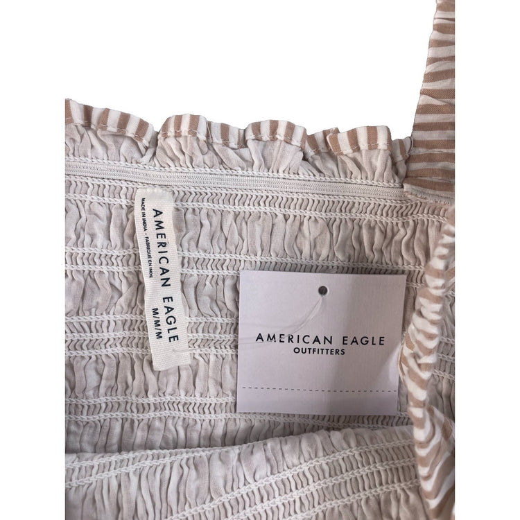 Women's American Eagle Beige and White Striped Smocked Ruffle Top Size M