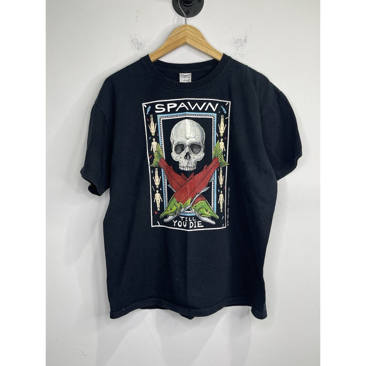 Men’s Graphic Ray Troll 2002 Spawn Till You Die T Shirt Gildan Tag Sz L