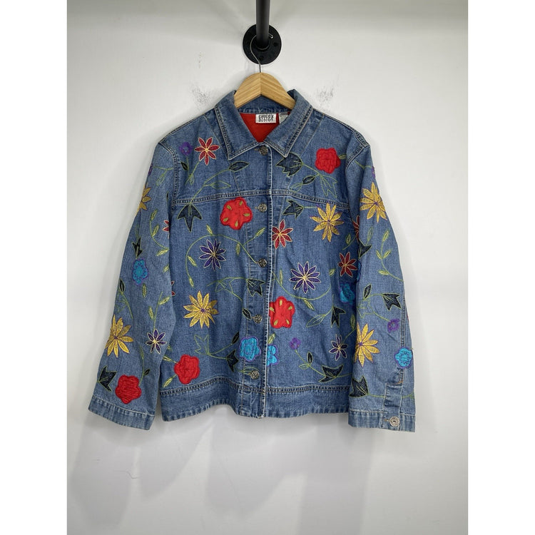 Women’s Vintage Chicos Designer Jean Jacket Floral Embroidered Buttons Sz 3
