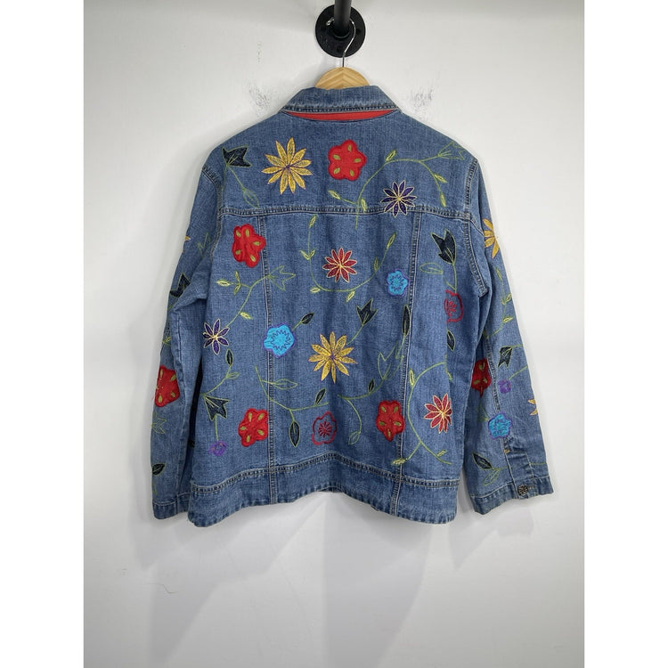 Women’s Vintage Chicos Designer Jean Jacket Floral Embroidered Buttons Sz 3