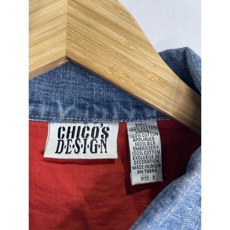 Women’s Vintage Chicos Designer Jean Jacket Floral Embroidered Buttons Sz 3