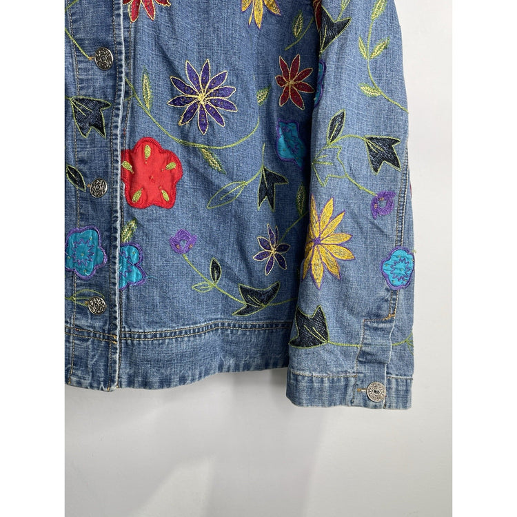 Women’s Vintage Chicos Designer Jean Jacket Floral Embroidered Buttons Sz 3