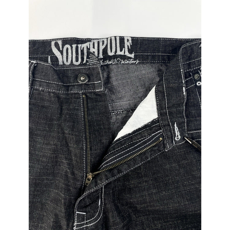 Men Vintage Southpole Black Contrast Stitch Gold Silver Embroidered Jean Size 34