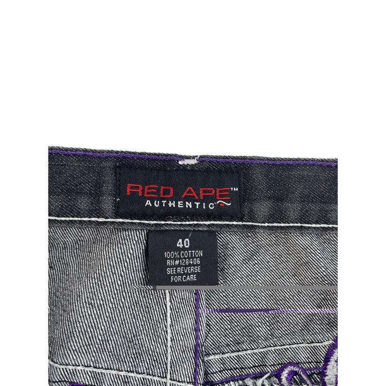 Men's Red Ape Authentic Black Denim Jeans with Purple Embroidery Size 40
