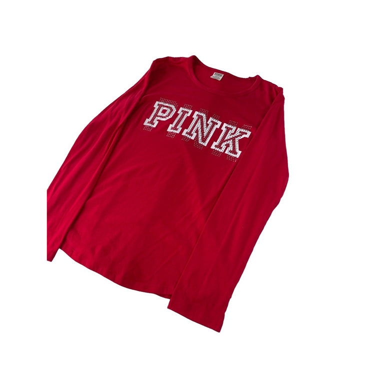 Womens PINK Victorias Secret Red Longsleeve Rhinestone T Shirt Size Large