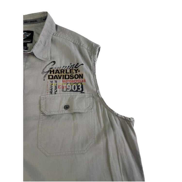 Mens Vintage Harley Davidson Light Gray Sleeveless Button-Down Shirt Size 2Xl