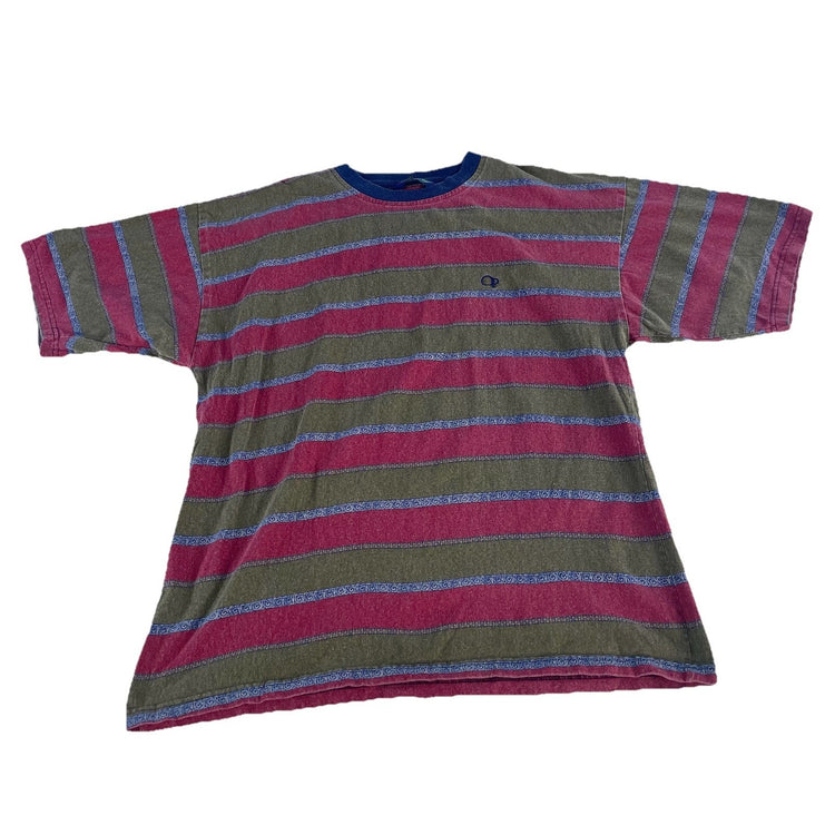 Mens Vintage 1980s Ocean Pacific Olive Green & Red Striped T Shirt Size XL