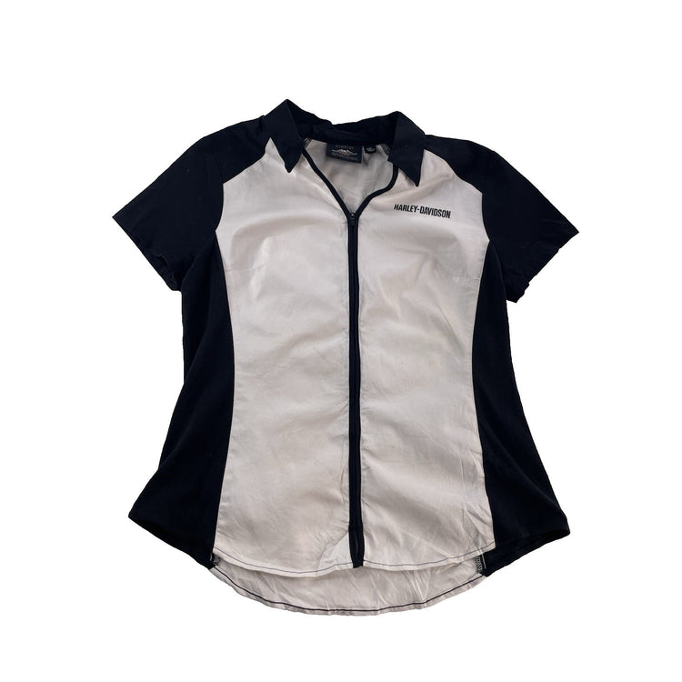 Womens Harley Davidson Motorcycles Black&White Zip-Up Collard Shirt Size L
