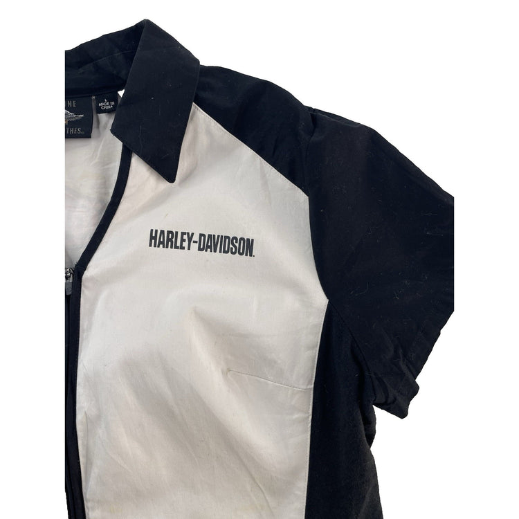 Womens Harley Davidson Motorcycles Black&White Zip-Up Collard Shirt Size L