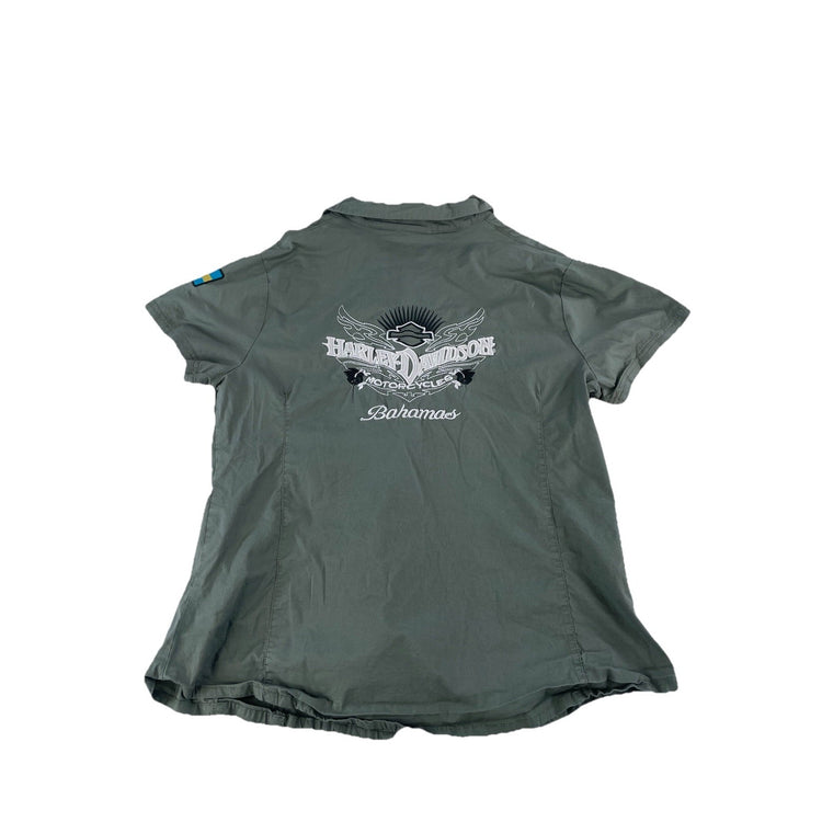Womens Harley Davidson Olive Green Embroidered Bahamas Button Up T Shirt Size L