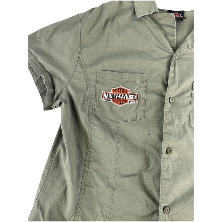 Womens Harley Davidson Olive Green Embroidered Bahamas Button Up T Shirt Size L
