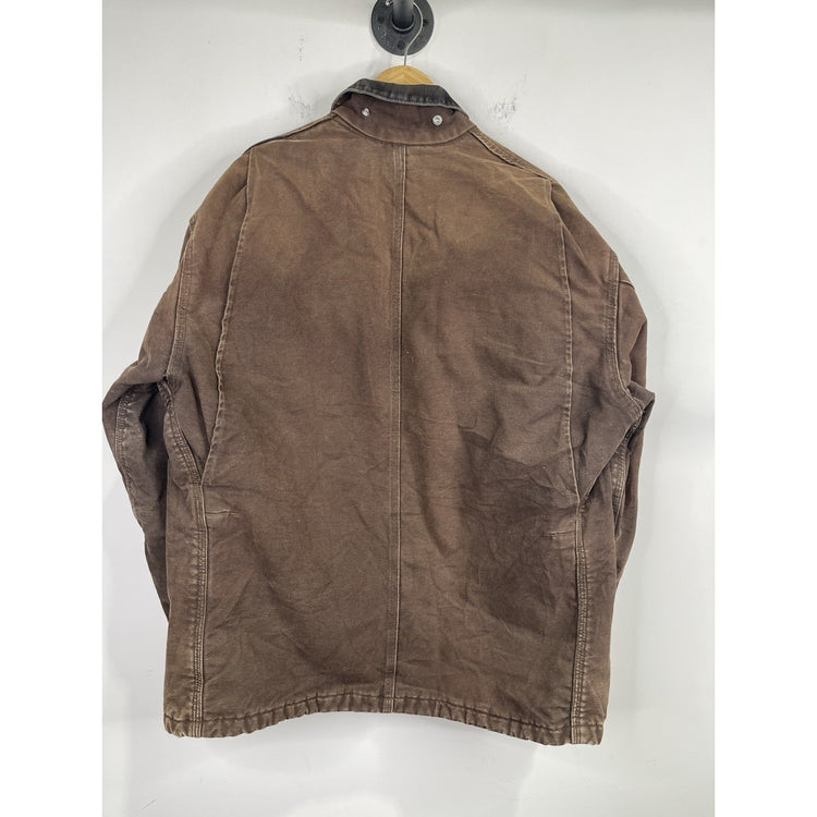 Vintage Y2K Carhartt Blue Plaid Lined Distressed Brown Chore Men’s Coat Size XL