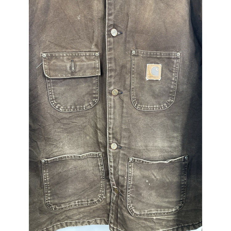 Vintage Y2K Carhartt Blue Plaid Lined Distressed Brown Chore Men’s Coat Size XL