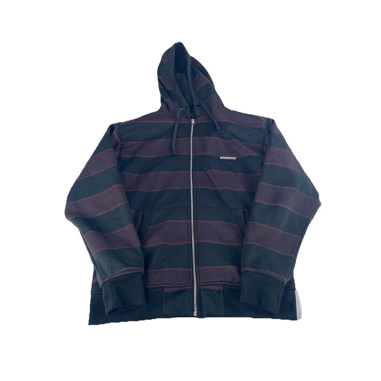 Mens Volcom Zip Up Black Burgundy Striped Fleeced Lined Hoodie Size M