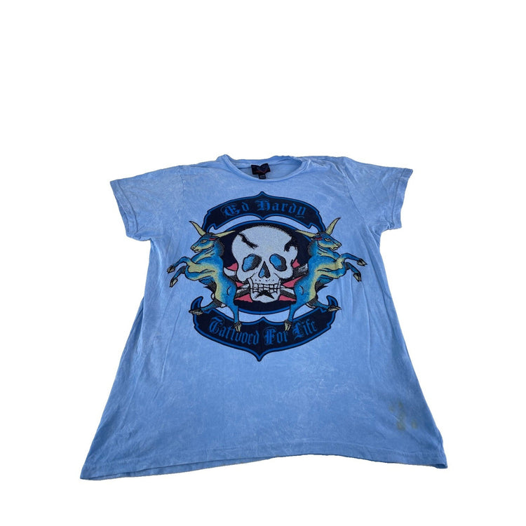 Womens Vintage Ed Hardy Tattooed For Life Graphic T-Shirt Light Blue XXL