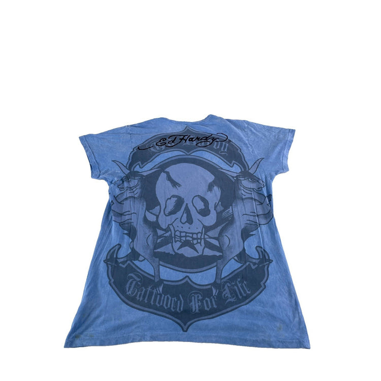 Womens Vintage Ed Hardy Tattooed For Life Graphic T-Shirt Light Blue XXL