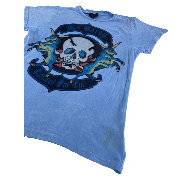 Womens Vintage Ed Hardy Tattooed For Life Graphic T-Shirt Light Blue XXL