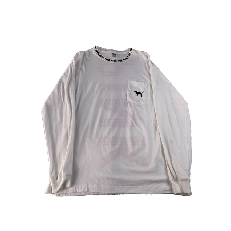 Women's Victoria's Secret PINK White Long-Sleeve Pocket T-Shirt, Size S