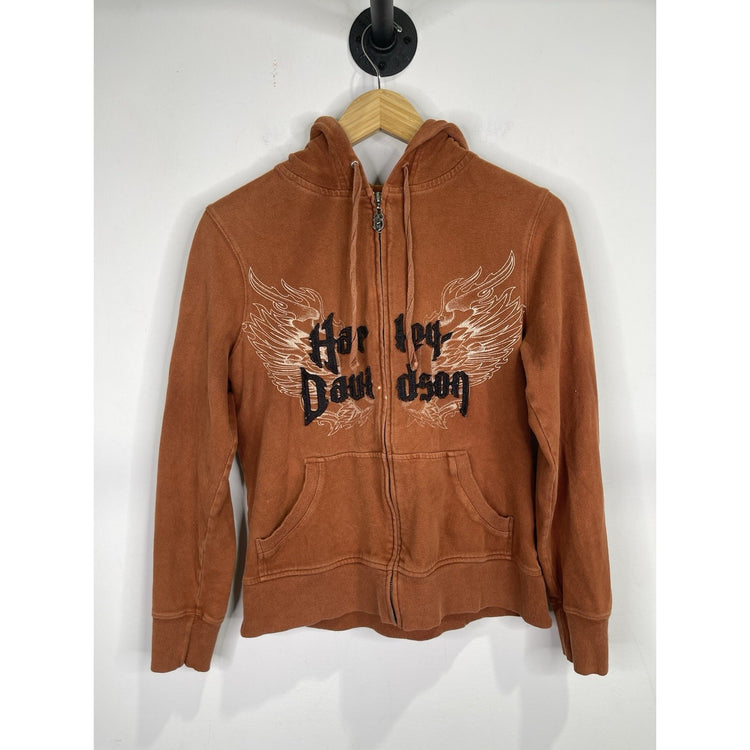 Women’s Vintage Y2K Harley Davidson Wings Full Zip Hoodie Jacket Orange Sz M