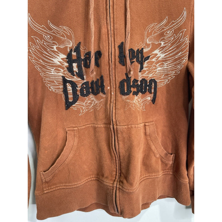 Women’s Vintage Y2K Harley Davidson Wings Full Zip Hoodie Jacket Orange Sz M