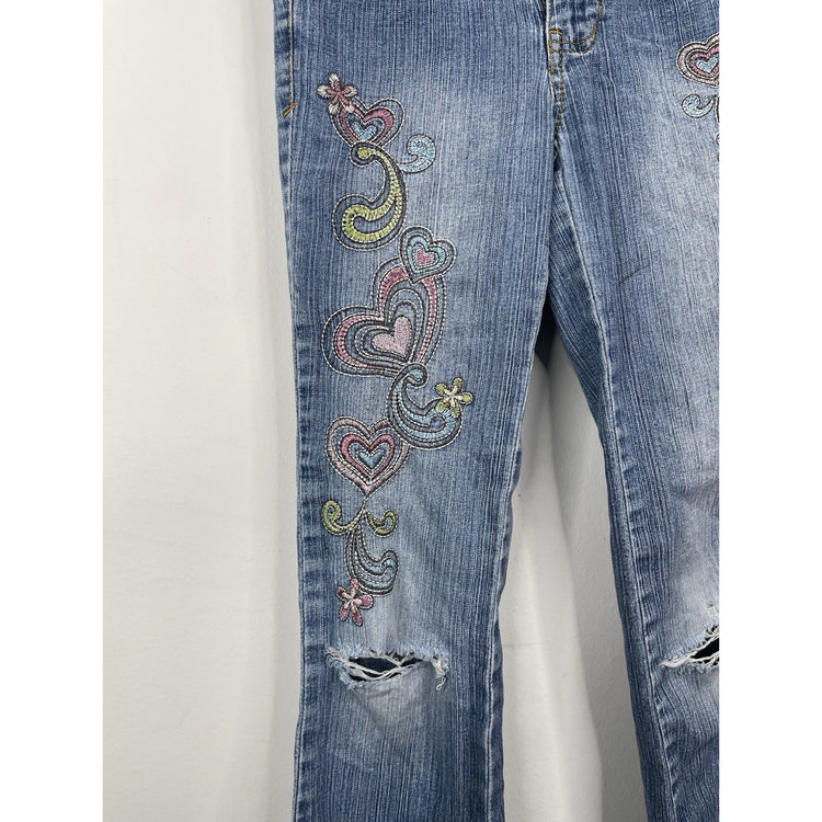 Vintage Y2K Youth Blue Heart Light Wash Embroidered Denim Bootcut Jeans Sz 8