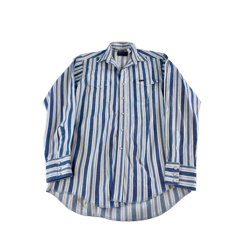 Mens Vintage Wrangler Western Blue White Striped SnapDown Shirt Size 15.5-35