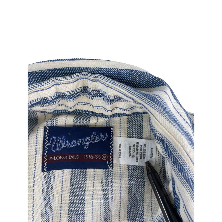 Mens Vintage Wrangler Western Blue White Striped SnapDown Shirt Size 15.5-35