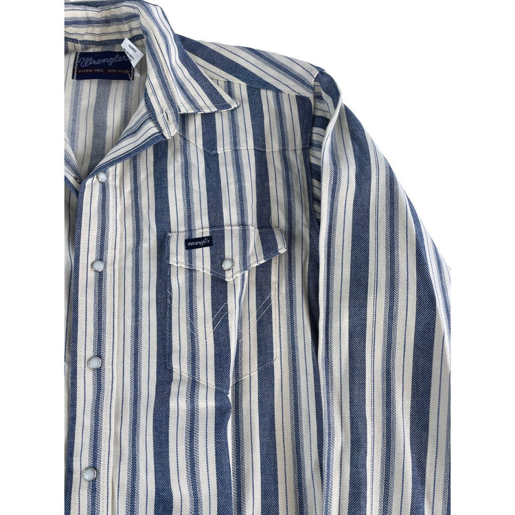 Mens Vintage Wrangler Western Blue White Striped SnapDown Shirt Size 15.5-35