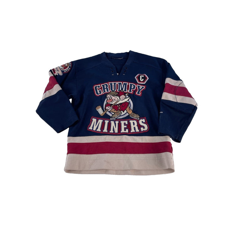 Boys Vintage Disney Grumpy Miners Navy Blue Embroidered Hockey Jersey SIZE S