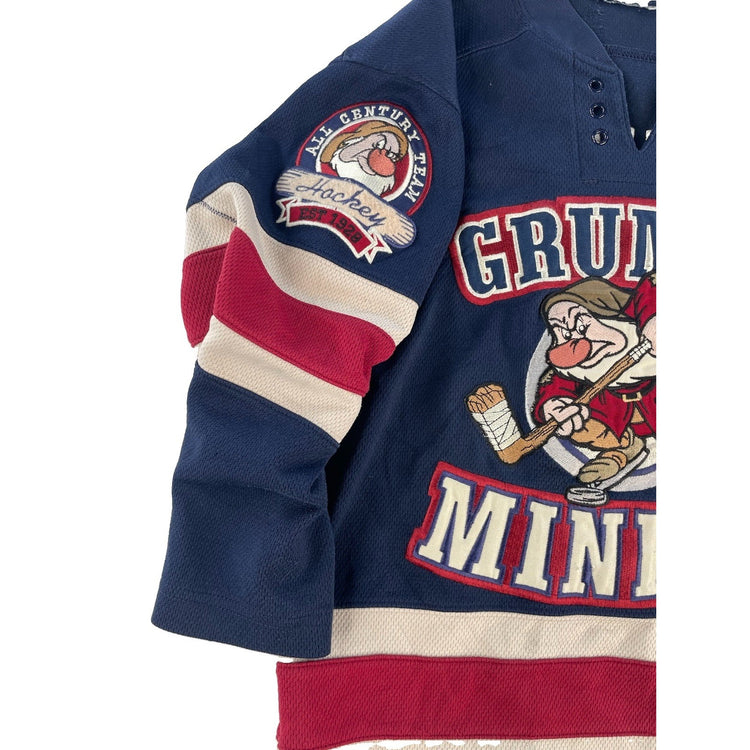 Boys Vintage Disney Grumpy Miners Navy Blue Embroidered Hockey Jersey SIZE S