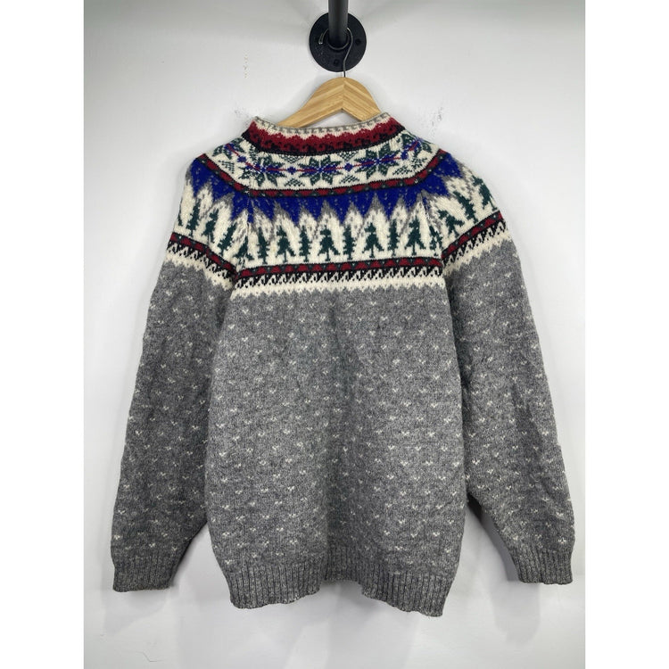 VTG Eddie Bauer Sweater Men Sz L Gray Blue Red Green Christmas Wool Long Sleeve