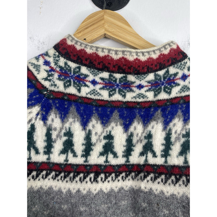 VTG Eddie Bauer Sweater Men Sz L Gray Blue Red Green Christmas Wool Long Sleeve