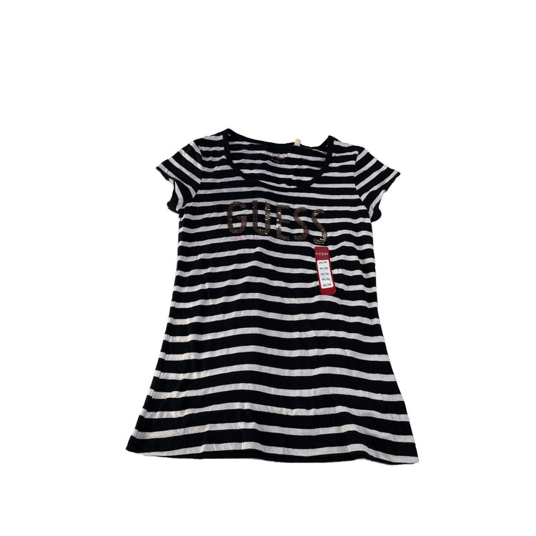 Women's GUESS Los Angeles Black and White Striped Sequin Logo T-Shirt Size M