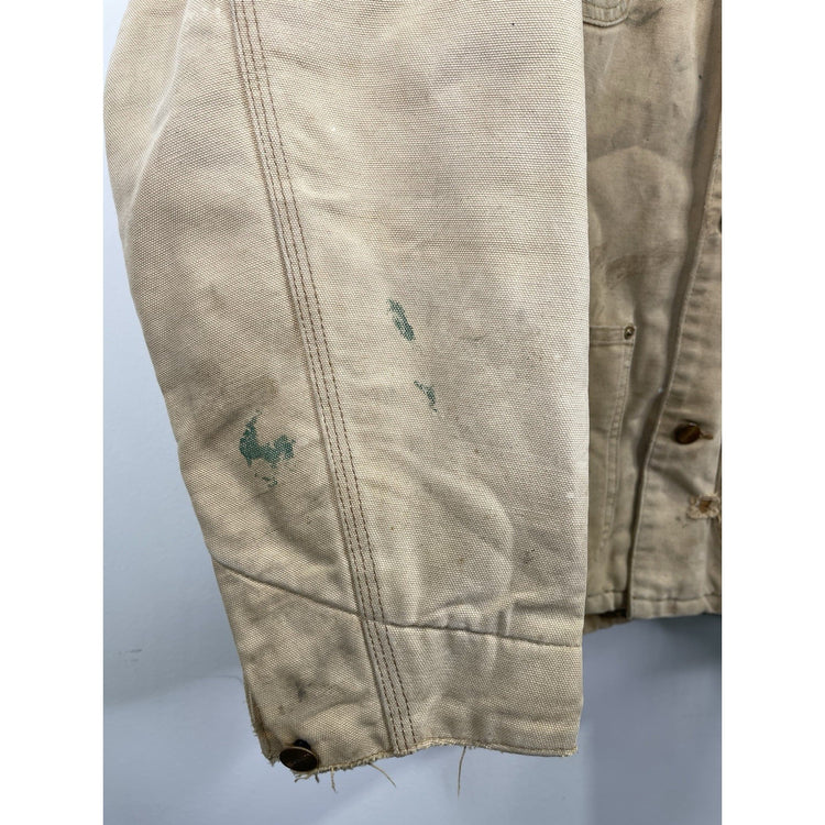 VTG Carhartt Jacket Mens Beige Chore Coat Blue Plaid Lined Distressed Sz XL